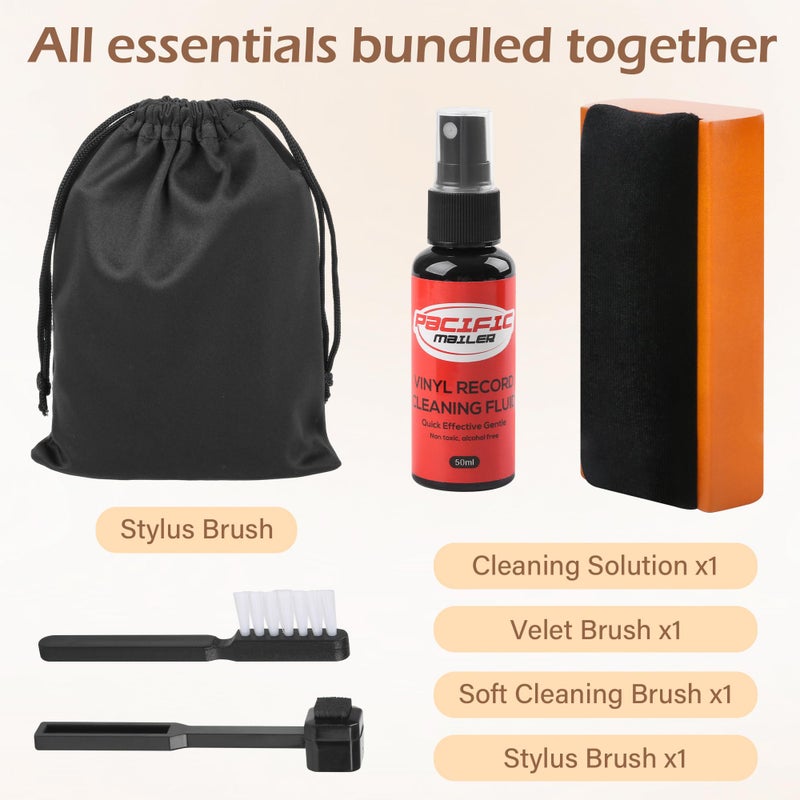 Pacific Mailer 5 in 1 Vinyl Record Cleaning Solution Kit, Includes Soft Velvet Record Brush, Vinyl Cleaning Liquid, Stylus Cleaner & Brush and Carry Pouch - Image 2